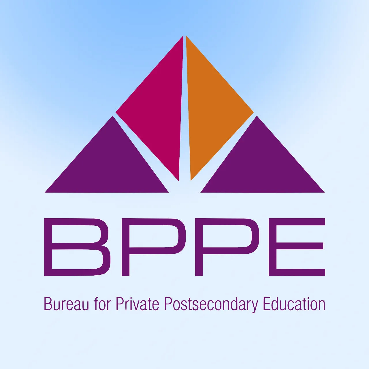 Logo of the Bureau for Private Postsecondary Education. Features a purple and orange triangular design above the letters