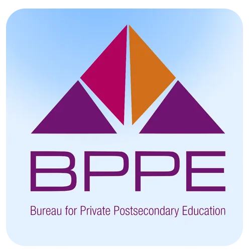Logo of the Bureau for Private Postsecondary Education, featuring a stylized pyramid design in purple and orange above the acronym "BPPE" in bold purple letters, with a blue gradient background.