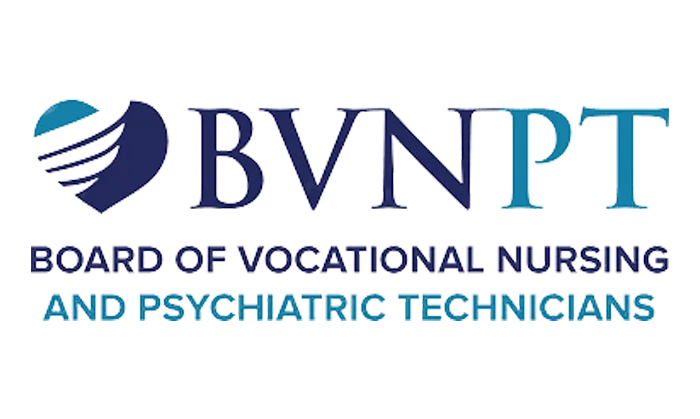 Logo for the Board of Vocational Nursing and Psychiatric Technicians (BVNPT), featuring a stylized heart with three curved lines on the left, followed by the acronym in bold letters above the full name.