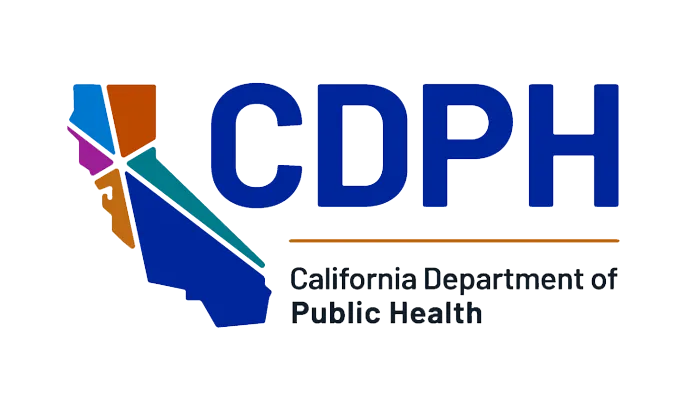 Logo of the California Department of Public Health with "CDPH" in bold blue letters. Next to it is a geometric design of California in blue, orange, and green. Below are the words "California Department of Public Health.