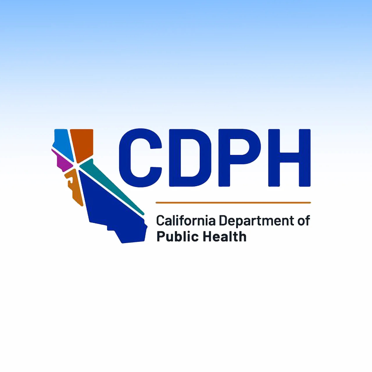 Logo of the California Department of Public Health (CDPH) featuring the letters "CDPH" next to a colorful abstract shape resembling the state of California, on a gradient blue to white background.
