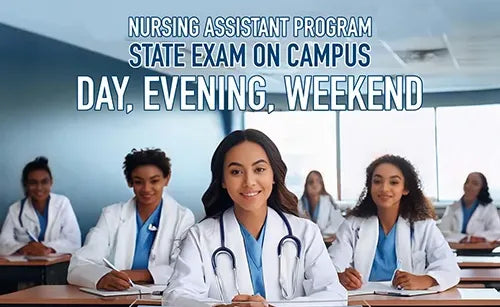 A group of nursing students in uniforms sit at desks in a classroom. The text reads,