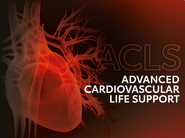 Illustration of a human heart in red tones on a dark background. Beside it, the text reads "Advanced Cardiac Life Support Course - Custom Schedule," offered by LGL College, embodying concepts essential for mastering life-saving techniques.