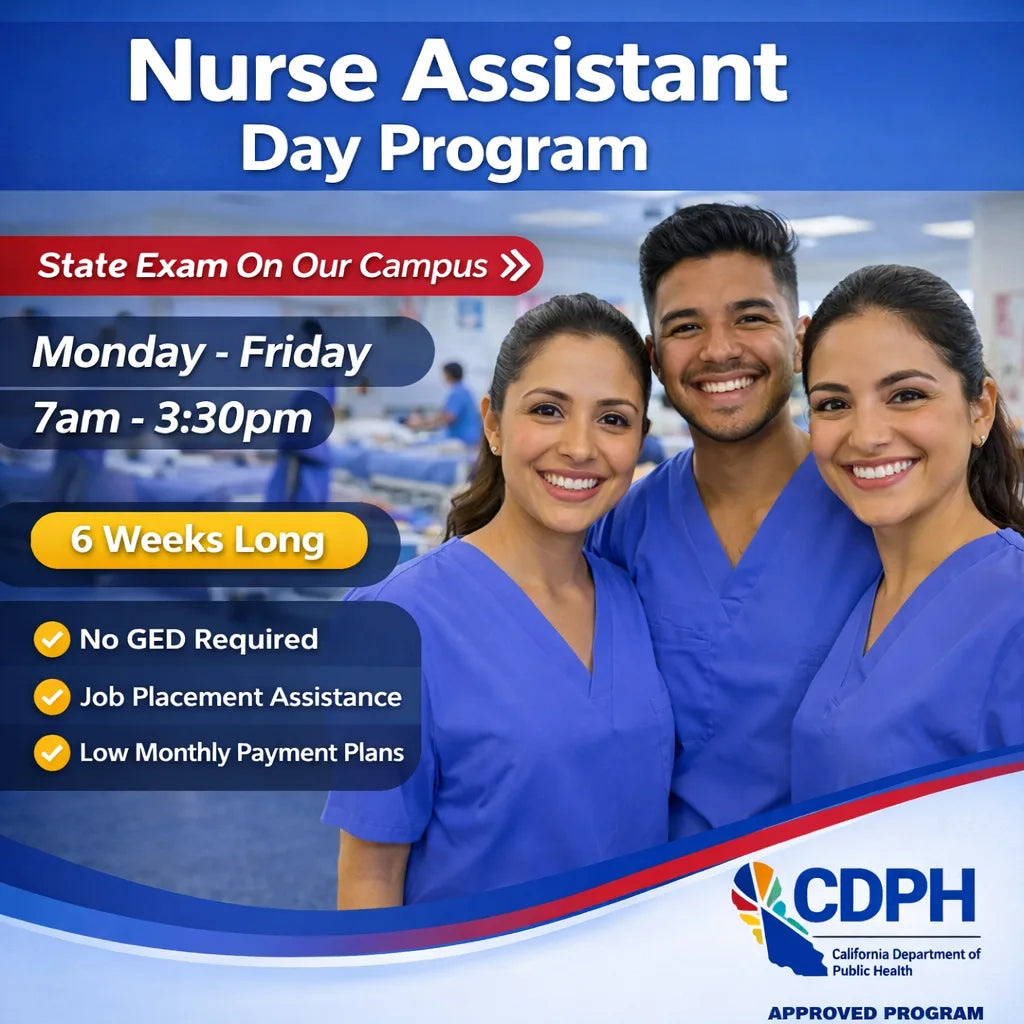 Three people in blue scrubs stand smiling in front of a classroom. Text advertises a CNA program day course with class details and benefits, approved by the California Department of Public Health.