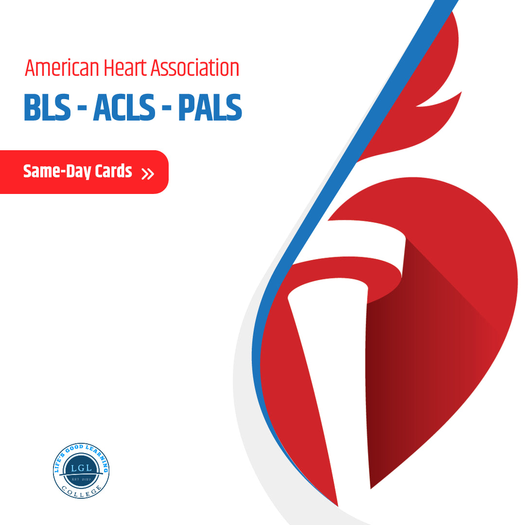 A graphic advertisement for LGL College's American Heart Association courses: BLS, ACLS, and PALS. It emphasizes the BLS-ACLS-PALS Bundle with a stylized heart in shades of blue and red, featuring same-day certification cards. The 