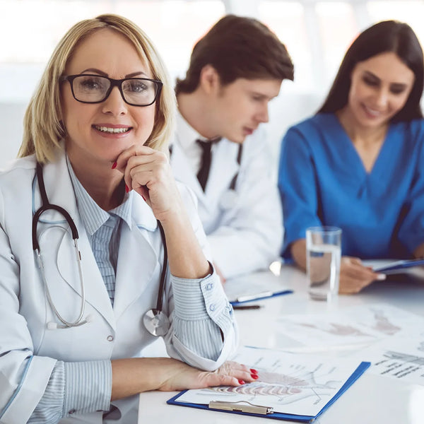 Confident female medical professional smiling with two colleagues reviewing documents in a bright meeting room, representing the Director of Staff Development Certification Course.