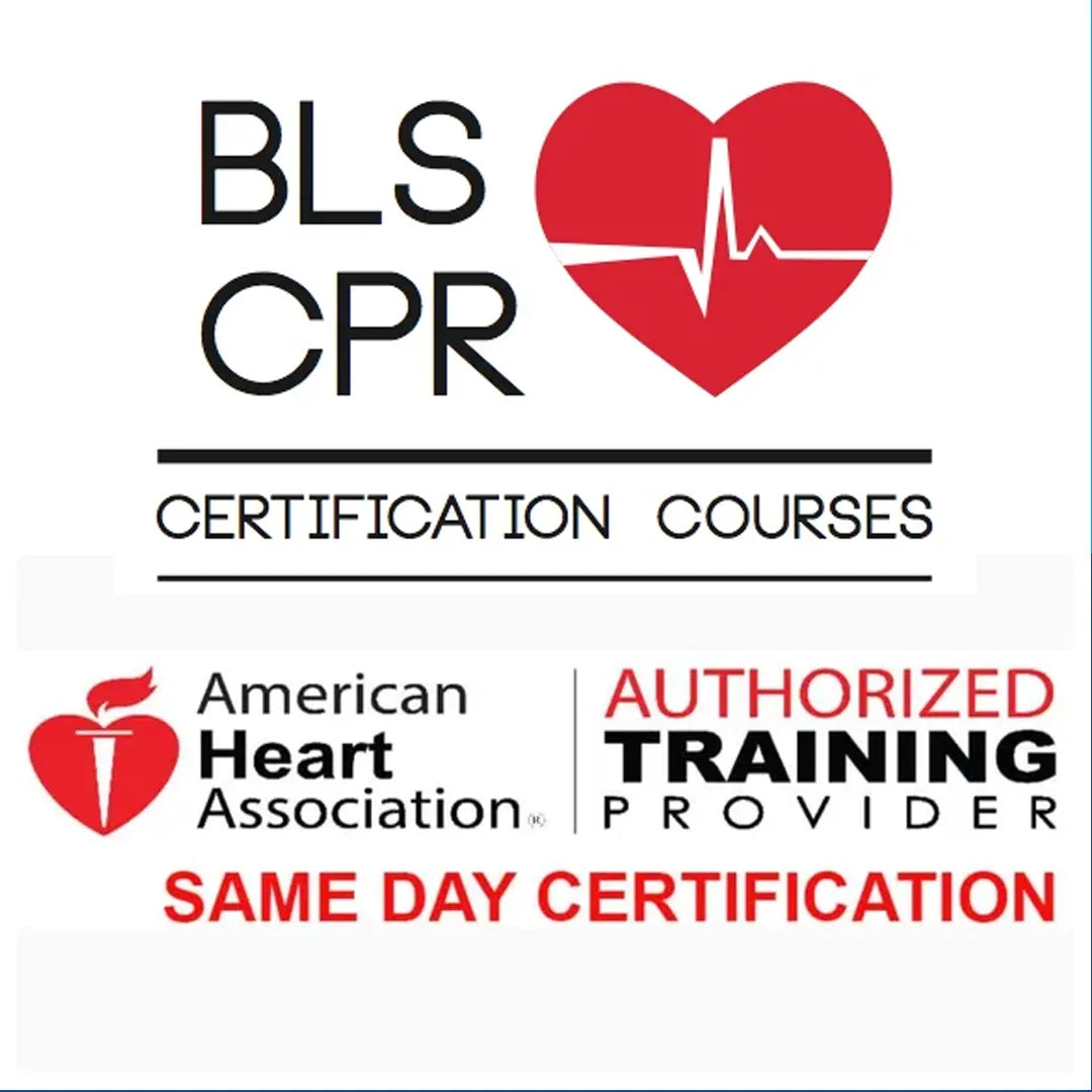 Image featuring text for LGL College's Basic Life Support Course - Custom Schedule. Includes a red heart with an EKG line. Below, it says "American Heart Association" with a logo, followed by "AHA Approved Training Provider" and "Same Day Certification" in red, all available on Pacific Time.