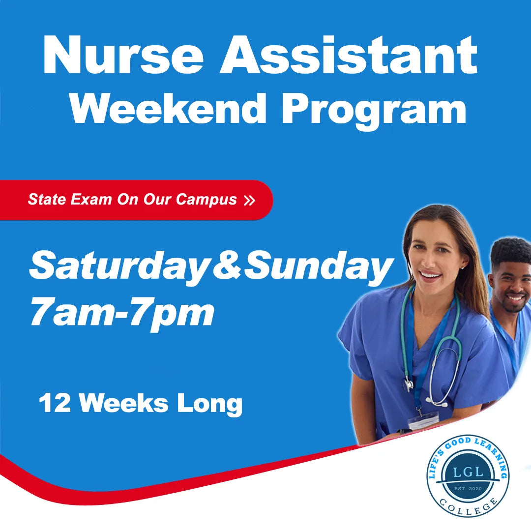 Enroll in our Nurse Assistant Weekend Program by LGL College to gear up for the CNA State Exam. Attend classes every Saturday and Sunday from 7am to 7pm, spanning 12 weeks. Our program includes friendly professionals dressed in medical uniforms and features the LGL College logo. Additionally, benefit from job placement assistance once you complete the course!