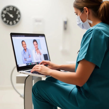 A healthcare professional dressed in teal scrubs and a mask sits at a desk, engaging in the Wound Care Certificate (Online Class) by LGL College on their laptop. The screen displays two individuals on a video call, possibly deliberating BVNPT-approved wound management strategies. In the background, a clock ticks on the white wall.