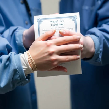 Two individuals in blue medical attire are exchanging a "Wound Care Certificate (Online Class)" from LGL College, which is BVNPT Approved. One person hands the certificate to the other, symbolizing their proud and professional completion of wound management training.