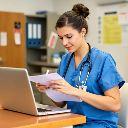 A medical professional dressed in blue scrubs is sitting at a desk with a laptop, studying for the Wound Care Certificate (Online Class) offered by LGL College. A stethoscope hangs around their neck, and the background features shelves and bulletin boards, indicating an environment dedicated to honing wound management expertise.